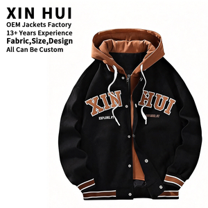 Custom Patch Embroidery Hooded Varsity <b>Jacket</b> Men Two Tone Fleece <b>Bomber</b> Letterman <b>Jacket</b> Streetwear Vintage <b>Baseball</b> <b>Jacket</b> - Product Image 1