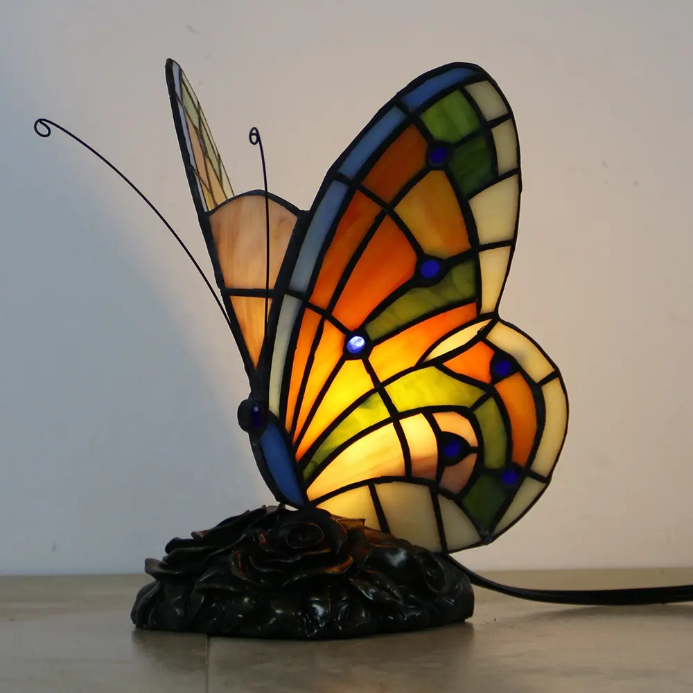 LongHuiJing टिफ़नी शैली सना हुआ ग्लास लहजे दीपक राल आधार रात को प्रकाश दाग कांच के घर की सजावट तितली दीपक