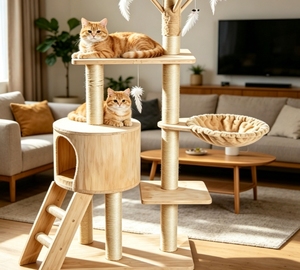 Arbre à chat multi-niveaux en bois massif avec condo, échelle, hamac, poteaux à gratter en sisal, jouets suspendus en plumes, grande activité pour chat - Product Image 1