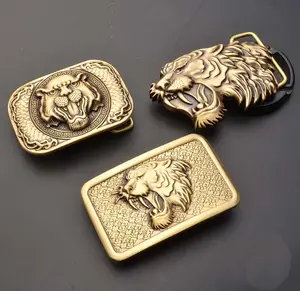 Tamanho Interno 40mm Sólido Latão Pena tigre leão Cabeça Jade Western Nome Placa Belt Buckle - Product Image 1