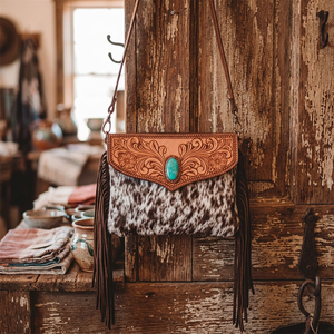Unique High Quality Bohemian Fashion Two Straps Zip Closure Hair Leather Floral Tooled Crossbody Sling <b>Bag</b> Western <b>Long</b> Tassel - Product Image 2