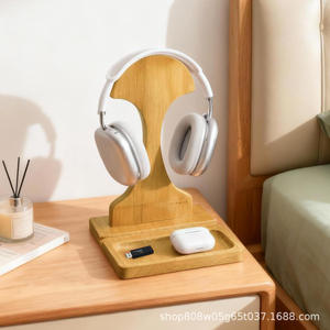 Natural Wood Desktop Organizer 12.08 In H Phone Stand Headphone Holder Multipurpose Storage Rack Office <b>Desk</b> <b>Accessory</b> - Product Image 2
