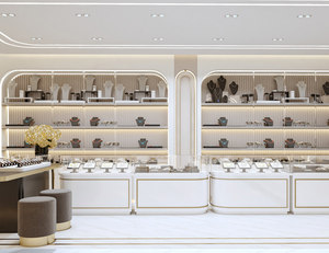 Modern <b>White</b> Jewelry Display Cabinet with LED Strip Lights Tiered Shelves Glass Back Retail Store Showcase - Product Image 3