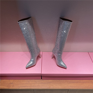 New Autumn/Winter Slip-On Breathable Pointed Toe Luxury High Heel Rhinestone Knee-High Boots with Height Increasing - Product Image 4