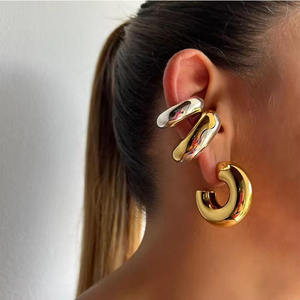New Arrival Custom Waterproof Sweat-proof Gold Plated Stainless Steel Chunky Hollow Round Ear <b>Cuff</b> <b>Earring</b> Women - Product Image 2