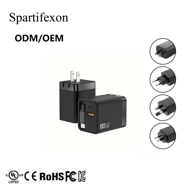 65W GaN USB-C Retractable Cable Dual Port 65W PD 3.0 Fast Charging Adapter for Phone with OTP OVP OCP Protection