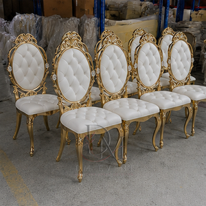 Chaise de mariage baroque capitonnée à dossier ovale en acier inoxydable doré avec coussin blanc pour événements de mariage et banquets – Sièges événementiels - Product Image 2