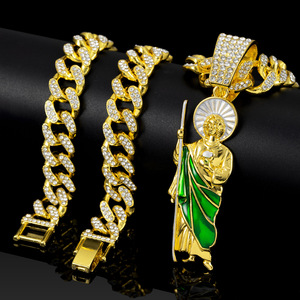 Conjunto de Cadena Miami Cuban Link y Colgante de San Judas con Diamantes CZ, Chapado en Oro, Estilo Hip Hop, Esmalte Verde, Religioso, de Moda - Product Image 1