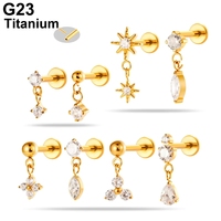 Piercing labret à dos plat en titane ASTM F136 sans filetage, avec zircone cubique et pendentif géométrique pour cartilage et lobe d'oreille, ODM