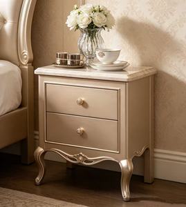 Luxury Champagne Gold Solid Wood Nightstand,2 Drawer Carved Curved Leg Bedside Cabinet for French Royal Bedroom <b>Night</b> <b>Stand</b> - Product Image 1