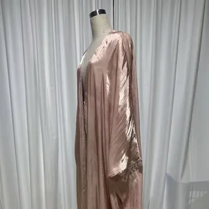 Classic Abaya 2024 Hot Summer Pink Luminous Silk Simple Design Muslim Girls Long Dress + Coat Abaya Arabic Abaya