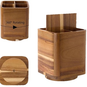 Boîte de rangement pour couverts en bois d'acacia avec design drainable pour ustensiles de cuisine, organisateur de bureau - Product Image 5
