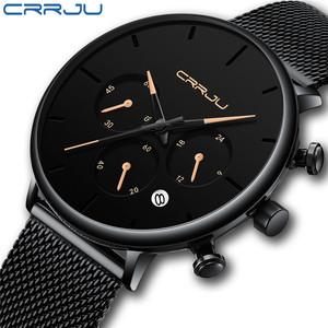 Reloj de Pulsera CRRJU para Hombre, Ultrafino, Deportivo, Casual, Minimalista, con Malla de Acero Inoxidable Negra y Función de Calendario Resistente al Agua - Product Image 2
