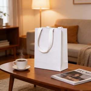 Bolsa de Compras de Cartón Blanco con Diseño Personalizable, Asas de Hilo de Algodón y Remaches, Plegable y Reutilizable - Product Image 6