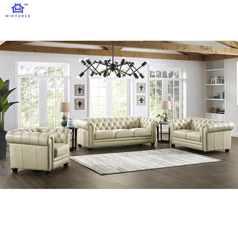 Furnitur Vila Gaya Amerika, Sarung Sofa Kulit Kain Krem Ruang Tamu Perabotan Sofa Set