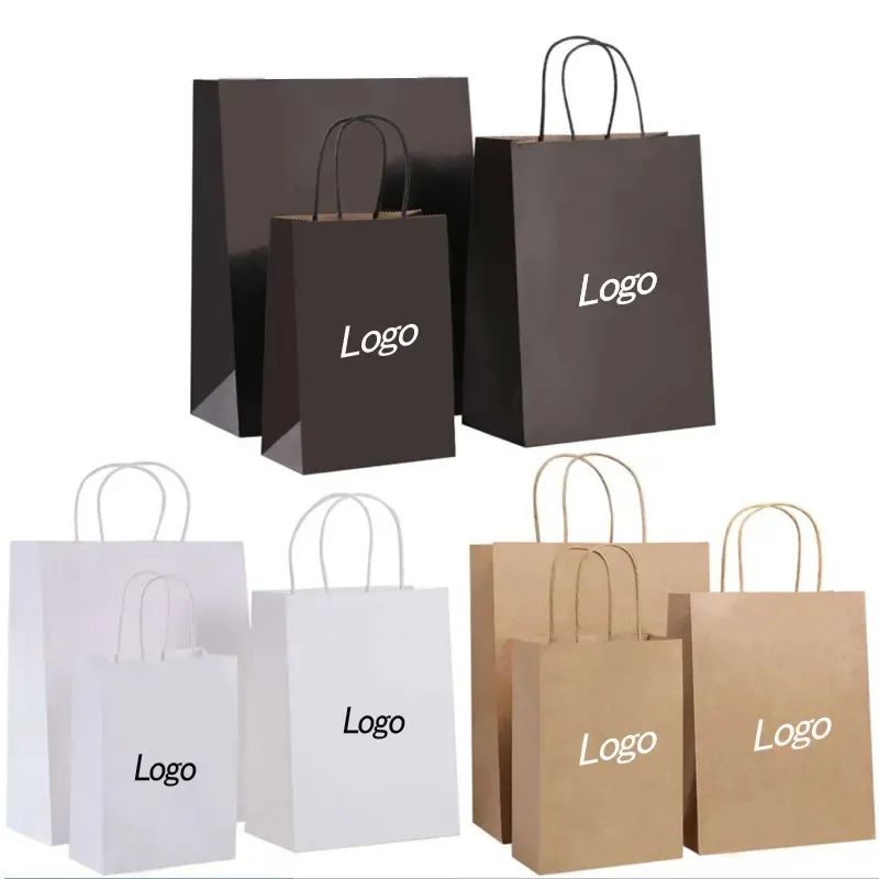 Impresión personalizada compras regalo boutique embalaje bolsa de papel negro Blanco marrón para llevar bolsa de papel kraft con logotipo para comida rápida