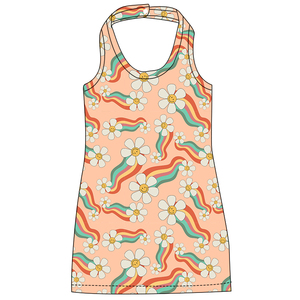 Vestito Estivo Casual per Bambine, Abito a Pezzo Unico con Cinturino al Collo, Motivo Tie-dye a Righe Floreali Turchesi, Senza Maniche, Corto - Product Image 3