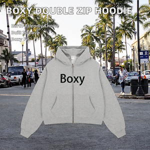 Double Zip <b>Lined</b> Oversized Boxy <b>Hoodie</b> Custom Heavy Weight 400gsm 100% Cotton Cropped French Terry Pullover Zipper <b>Hoodie</b> - Product Image 2