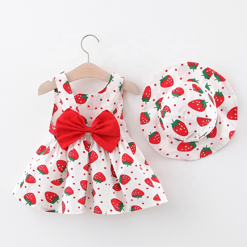 Summer Baby Clothes Girls Red Pink Yellow Strawberry Printed Big Bow Backless Casual Dress with Hat