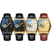 CHENXI 8815 Montre automatique de luxe pour homme, bracelet en cuir véritable, 3 ATM, cadran squelette carré, montres mécaniques pour hommes