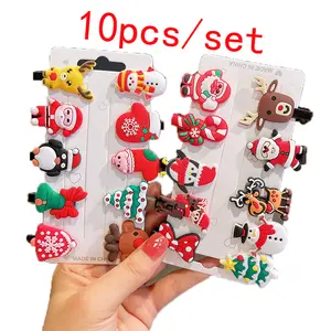 10 pcs hair clips pins each set Happy Christmas hair ornament cute cartoon soft glue snowman hair clip set for children