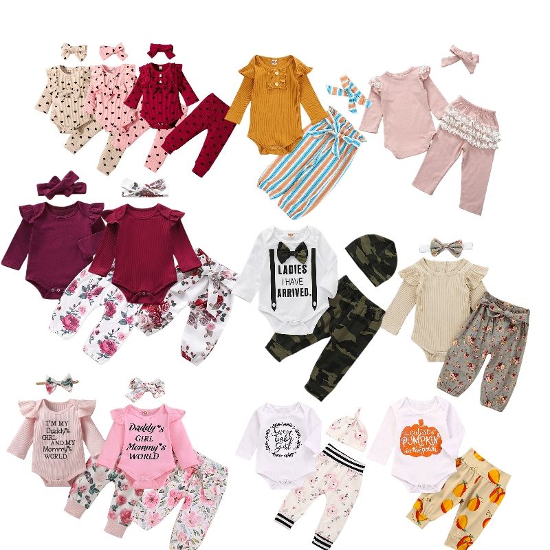 Nouveau-né bébé filles vêtements 3 pièces infantile à volants à manches longues barboteuse pantalon robe ensemble tenues