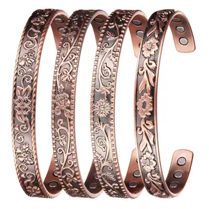 Wholesale Luxury 99.99% Pure Copper Jewelry Flower Bracelets Custom Adjustable Magnetic Bracelet Health Copper Cuff Bangles