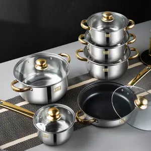 Stainless Steel Milk Stockpot 12pcs Thickened Bottom Soup Pot Set With Gold Handle Glass Lid Non-stick Frying Pan Custom Logo