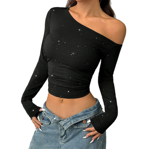 American New Fashion Style Regular Fit Full Sleeve Breathable Asymmetrical Short Women's <b>Y2K</b> Knit Base T-<b>Shirt</b> for Holiday - Product Image 1