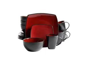 Square Reactive Glaze Geschirr Set, rot, Service für 4 (16 Stück) Geschirr Set Food Plate Keramik Geschirr zum Essen Geschirr