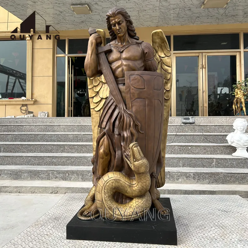 Quyang Outdoor Metal Life Size Angel Warrior Brons St Saint Michael Standbeeld Aartsengel Sculptuur Dodende Slang