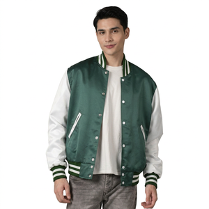 Veste bomber de baseball élégante en patchwork avec doublure en satin, col montant, logo sur le devant, design personnalisé pour hommes et femmes - Product Image 1