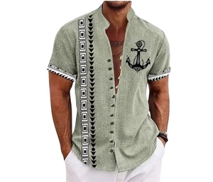 Chemise décontractée d'été pour homme en satin extensible, style hawaïen rétro imprimé, col rabattu, manches courtes, respirante et écologique, 100 % - Product Image 1