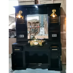 Estación de Espejo de Peluquería Clásica Vintage Multifuncional de Madera con Luz LED y Lavabo para Champú - Product Image 6