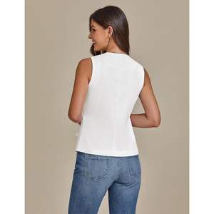 เสื้อกั๊กสไตล์ลำลองสำหรับผู้หญิง, เสื้อกั๊กผ้าลินินทอตกแต่งวินเทจเสื้อแขนกุดผูกเชือกกระเป๋าด้านหน้า - Product Image 3