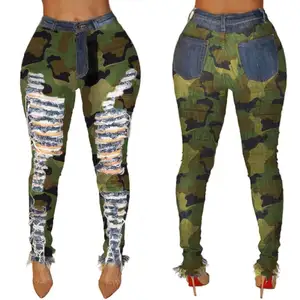 WQ3666 S-3XL Y2K Moda feminina bolso zip up camuflagem impressão oco out jeans skinny plus size calças jeans mulheres