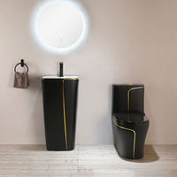 Sanitary Ware Suit Bathroom Commode Wc and Pedestal Basin Luxury Ceramic Black Color Toilet Set One Piece Toilet Bowl