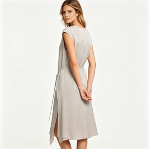 Abito Midi da Donna Senza Maniche, Vestito Casual a Linea A con Cintura Regolabile e Spacchi Laterali, Abito Moderno Minimalista - Product Image 4