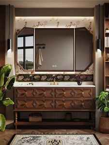 Meuble de salle de bain avec miroir et lavabo, ensemble de lavabo double en PVC de luxe, petit rangement de salle de bain lavable pour la maison/les projets - Product Image 6