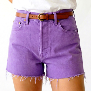 Shorts en jean taille haute violet à bords bruts pour femme – Mini-short décontracté style streetwear pour l'été - Product Image 1