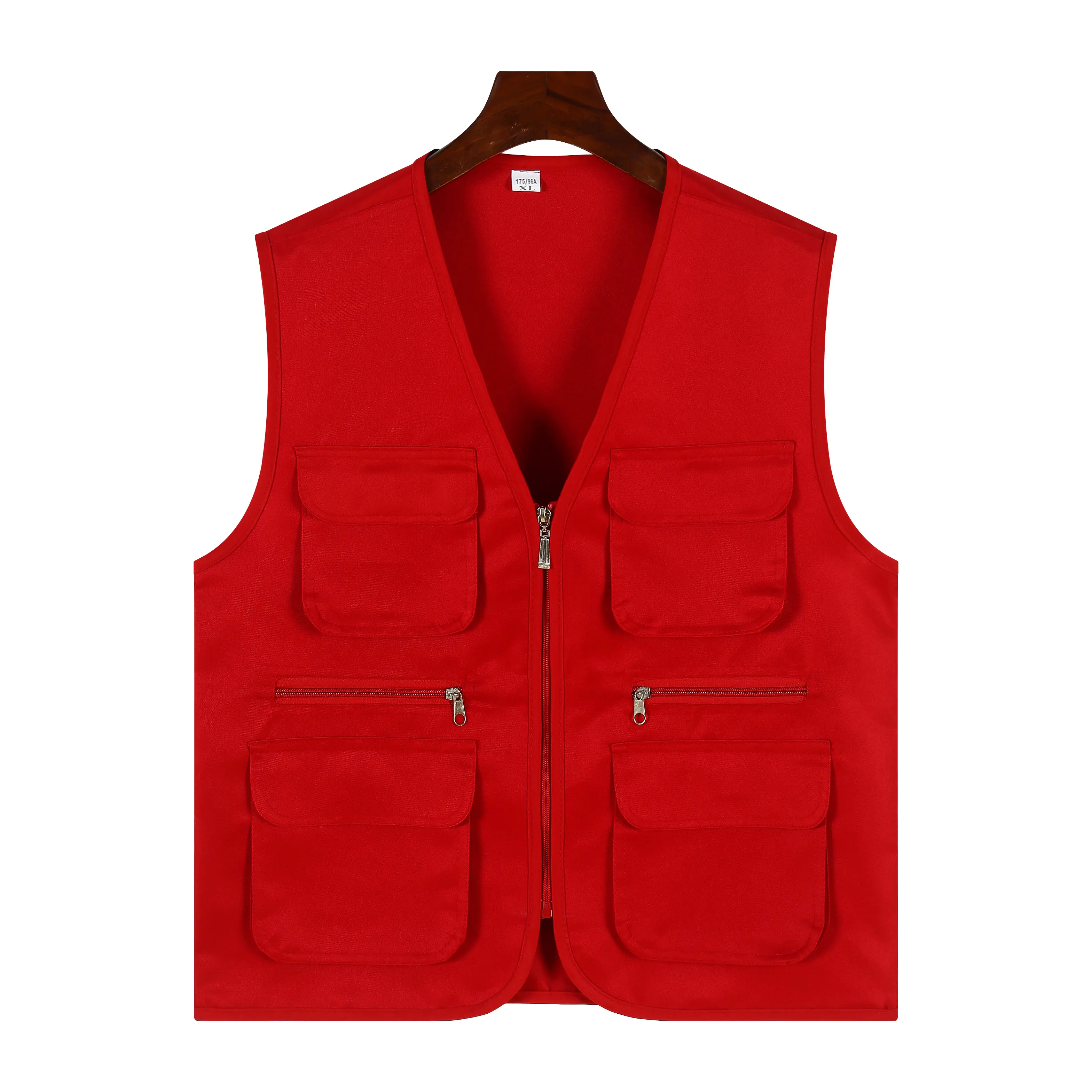 Fashionable new multi-pocket thick vest zipper placket red men's polyester cotton twill work vest