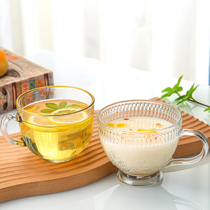 Hochwertige Weithals geprägte Frühstücks glas becher für Milch tee Kaffee Eis Joghurt Tasse mit Griff