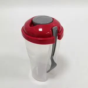 Botella agitadora de plástico para mantener la fruta fresca, vaso de ensalada de grado alimenticio con tenedor, taza de salsa, venta al por mayor