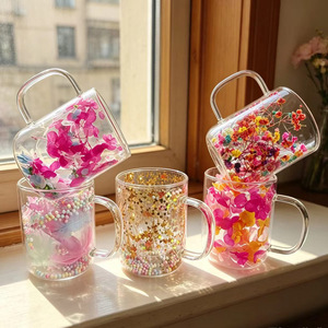 <b>Double</b>-<b>Walled</b> Glass Dried Flower Cup With Handle High Borosilicate Heat Resistant Tea Coffee <b>Mug</b> For Home Use - Product Image 1