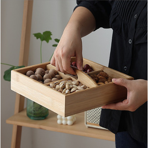 Caja de bambú para frutos secos con asa y compartimentos, rectangular, hecha a mano, para almacenamiento de bocadillos y dulces - Product Image 3
