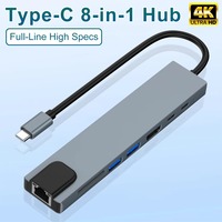 Adaptateur Hub 8 en 1 Type-C vers USB 3.0 4K HD avec lecteur de carte RJ45 SD/TF, charge rapide PD