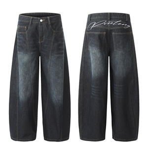 بنطلون جينز بتصميم جديد مرقع بنطلون جينز بساق واسعة وسكين منحني للرجال بنطلون جينز مستقيم فضفاض متوسط مغسول - Product Image 1