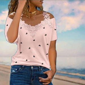 Blusa de Verano 2025 para Mujer, de Algodón, con Estampado de Corazón, Hombros Descubiertos, Adorno de Encaje, Apliques Florales, Dulce, Larga, Transpirable, Informal - Product Image 3