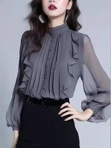 Haut de gamme col montant chemise femmes printemps et automne nouveau sens de la mode à volants à manches longues petit haut de chemise - Product Image 2