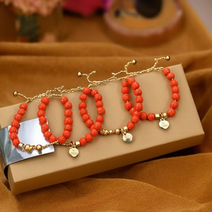 Fashion Beaded <b>Bracelets</b> <b>Set</b> Red Coral Stone PVD Gold Plating 316L Stainless Steel Sustainable Resistant Jewelry Gift - Product Image 3